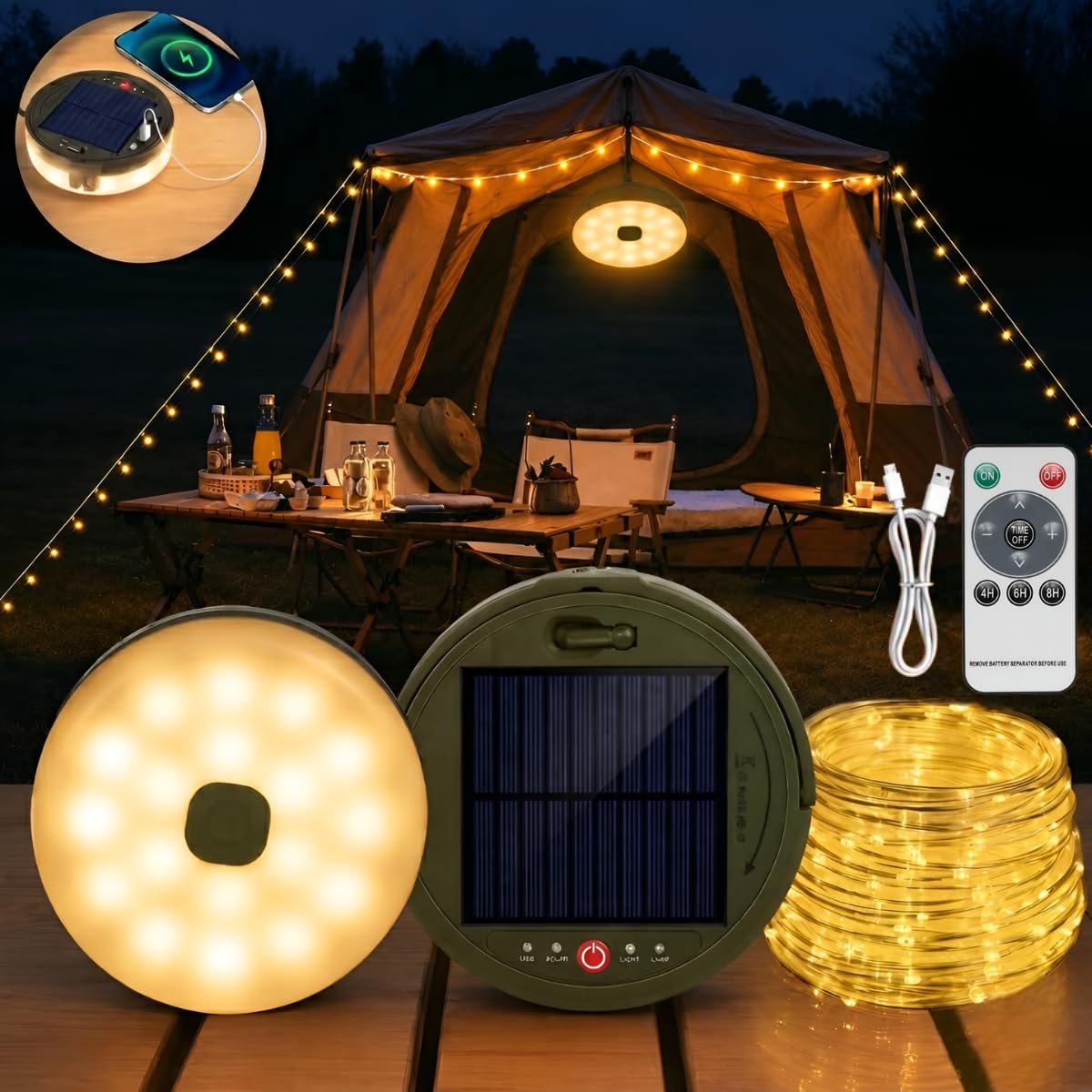 Solar & USB Rechargeable Camping (String/Lamp) Light With Remote