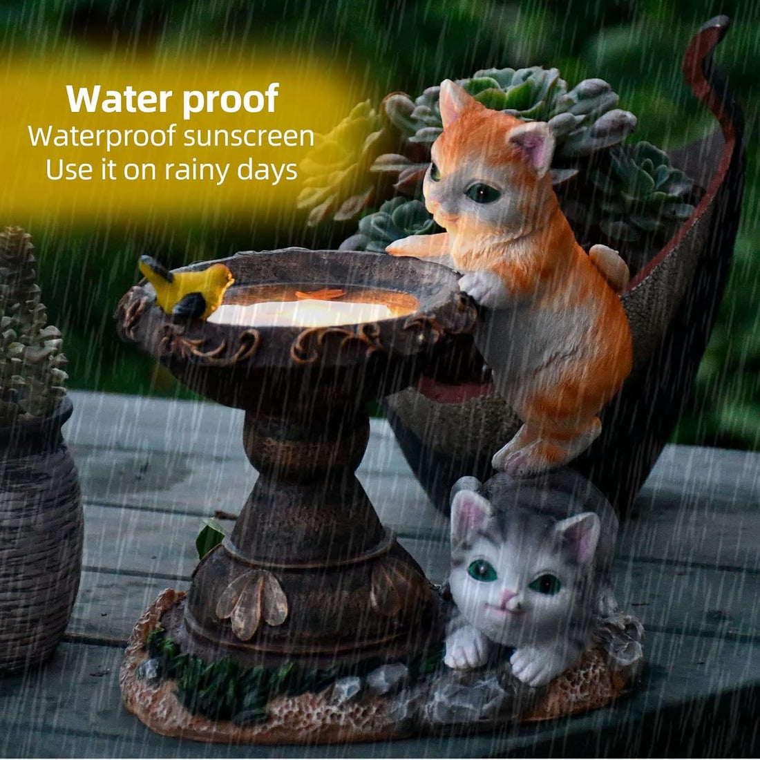 Solar Powered Cute Cat & Bird Garden Statue