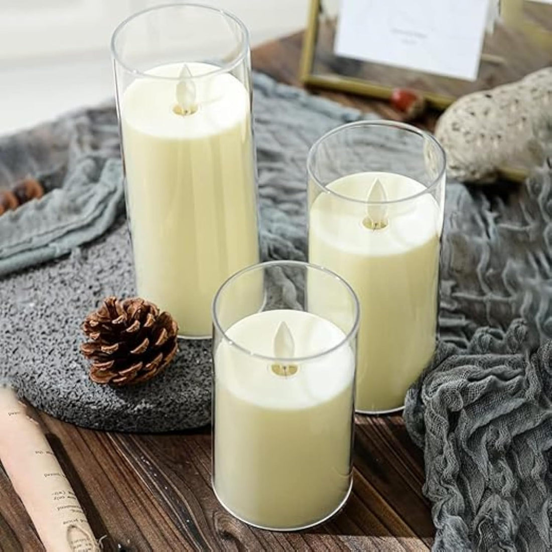 Acrylic Glass Battery Operated Flameless Led Candles With Remote (Transparent,  3pc-set)