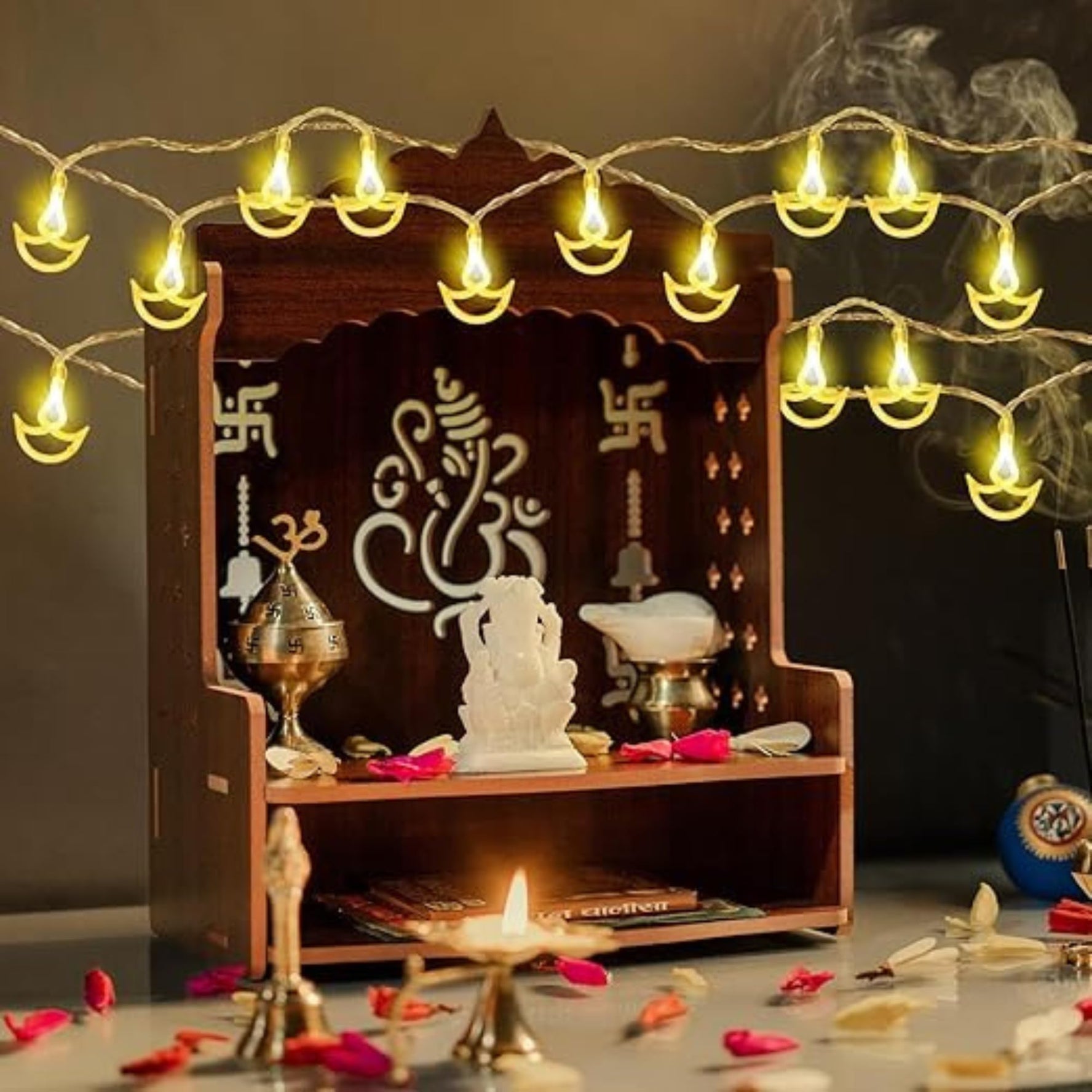 14 Hanging Diyas (3.5m), Fairy String Lights (Warm White)
