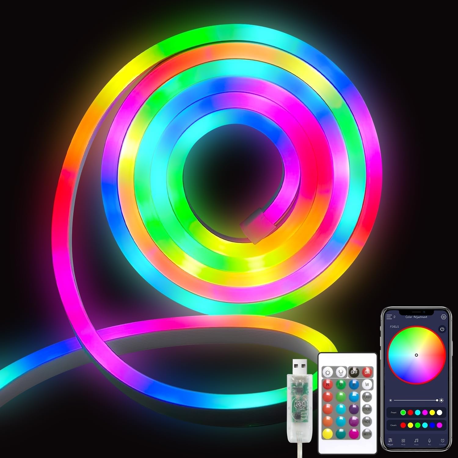 LED Neon RGB Strip Light (5M, USB Powered)