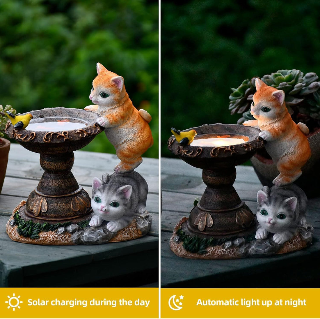 Solar Powered Cute Cat & Bird Garden Statue