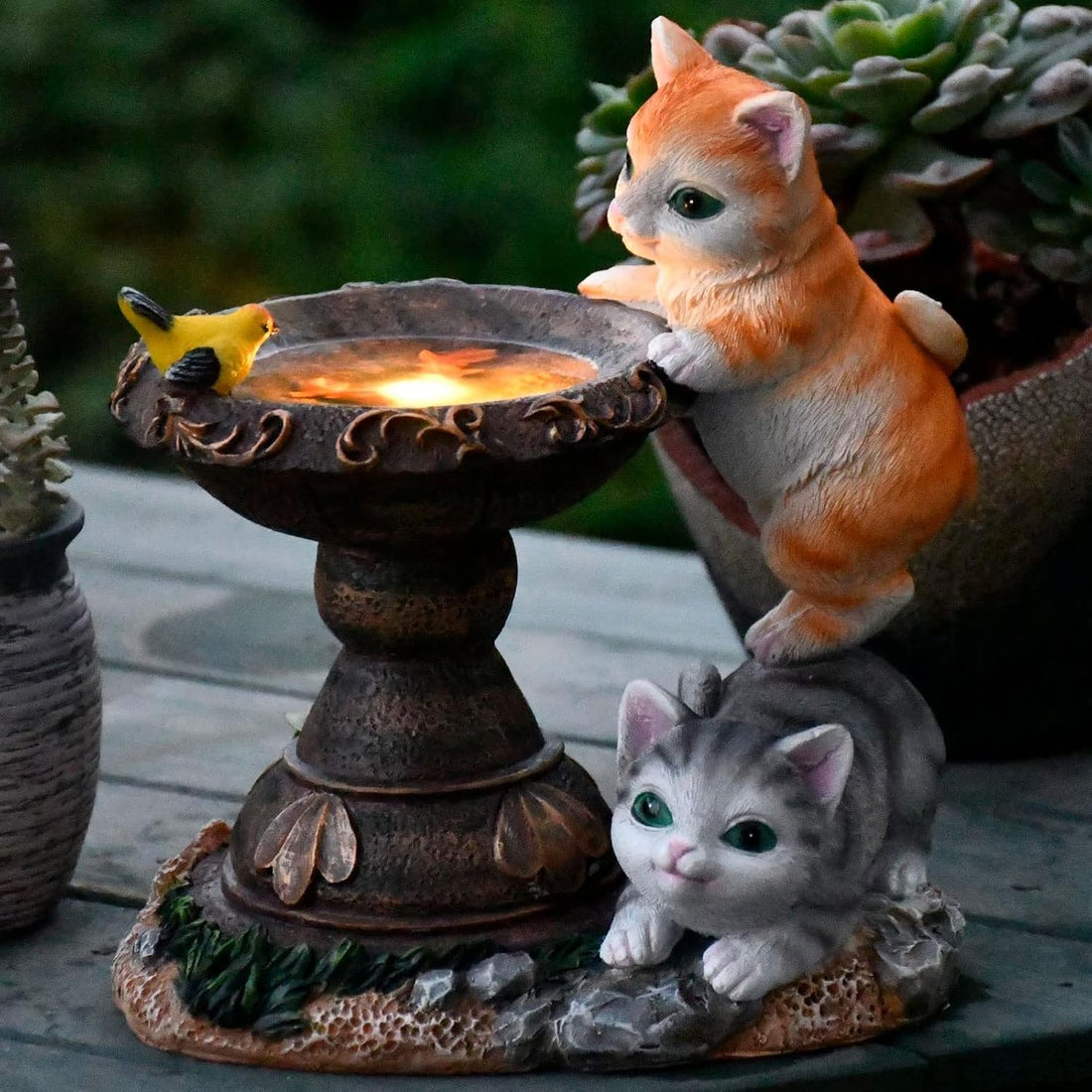Solar Powered Cute Cat & Bird Garden Statue