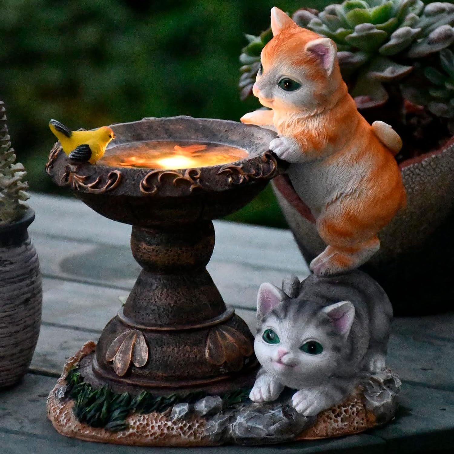 Solar Powered Cute Cat & Bird Garden Statue