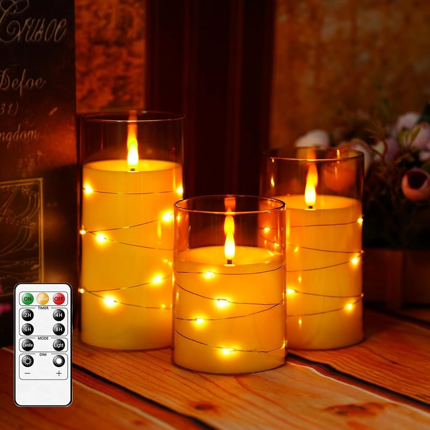 Acrylic Battery Operated Flameless Led Candles With Remote (Set of 3, Gold)