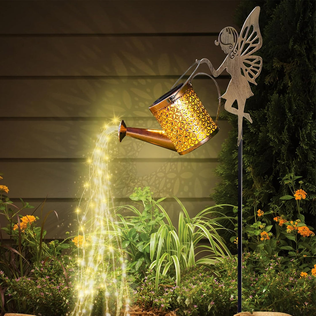 Solar Metal Fairy Watering Can Garden Light With Angel Stand