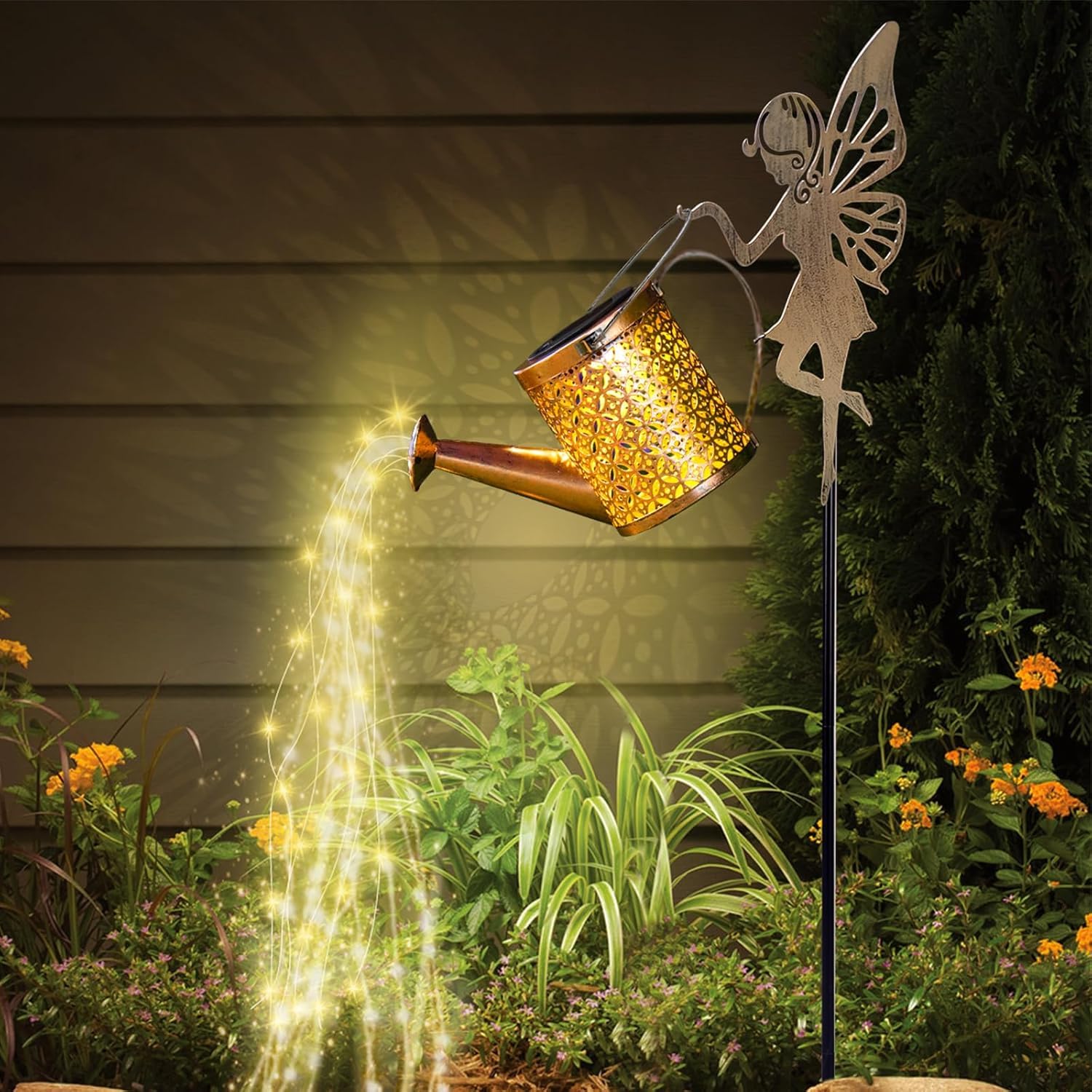 Solar Metal Fairy Watering Can Garden Light With Angel Stand