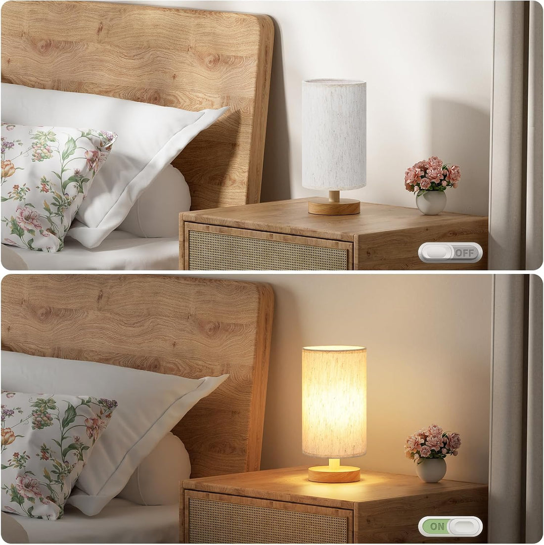 USB Powered Wooden Base Table Lamp with Linen Fabric Shade