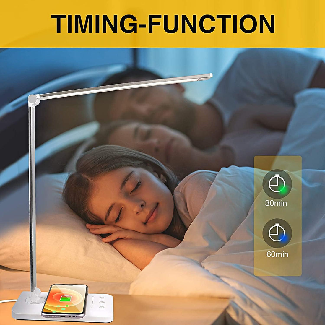 LED Aluminum Desk Lamp with QI Wireless Charging - White