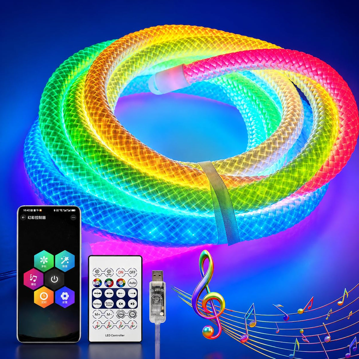 360° RGBIC LED Neon Braided Rope Light- 3m