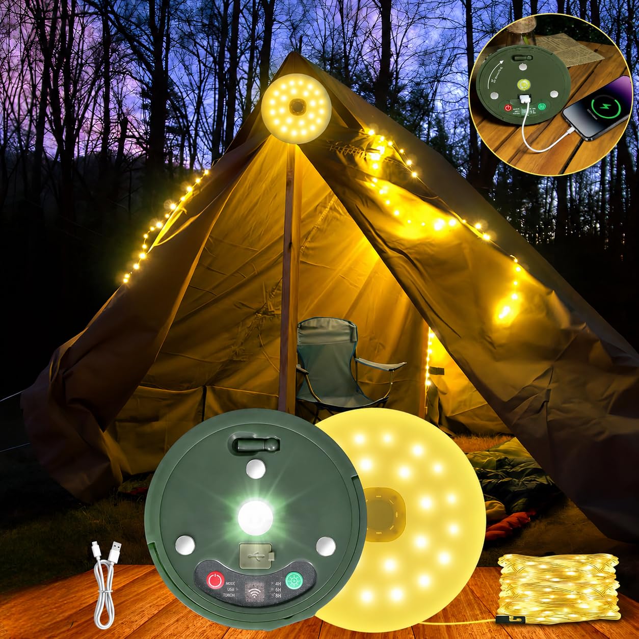 USB Rechargeable & USB Output Charging Camping LED String Lights- 10Mtr