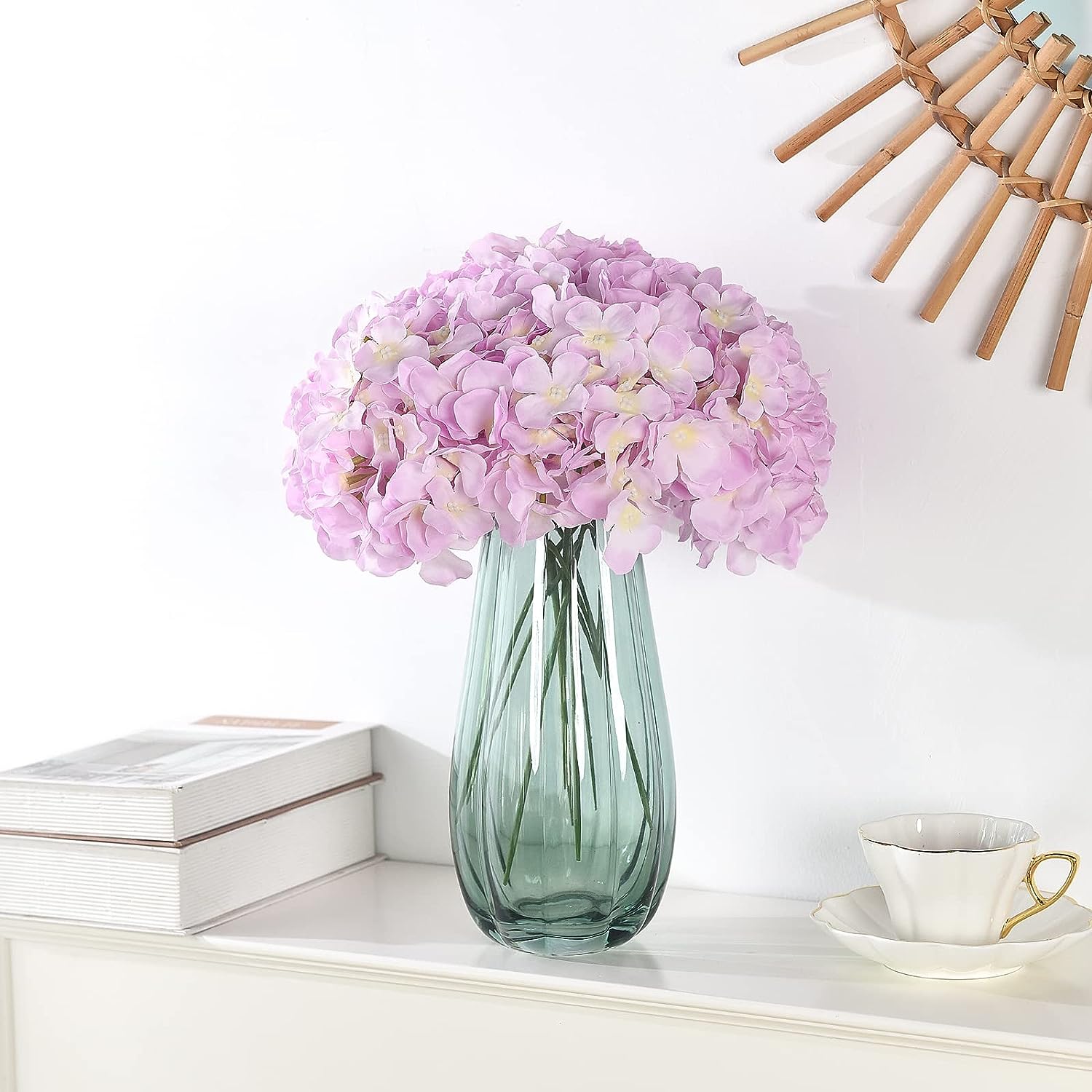 Artificial Real Touch Faux Hydrangea Flower - Purple & Yellow (13.7 inch, Pack of 3 Flower Bunch)