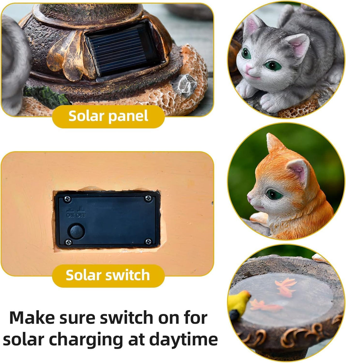 Solar Powered Cute Cat & Bird Garden Statue