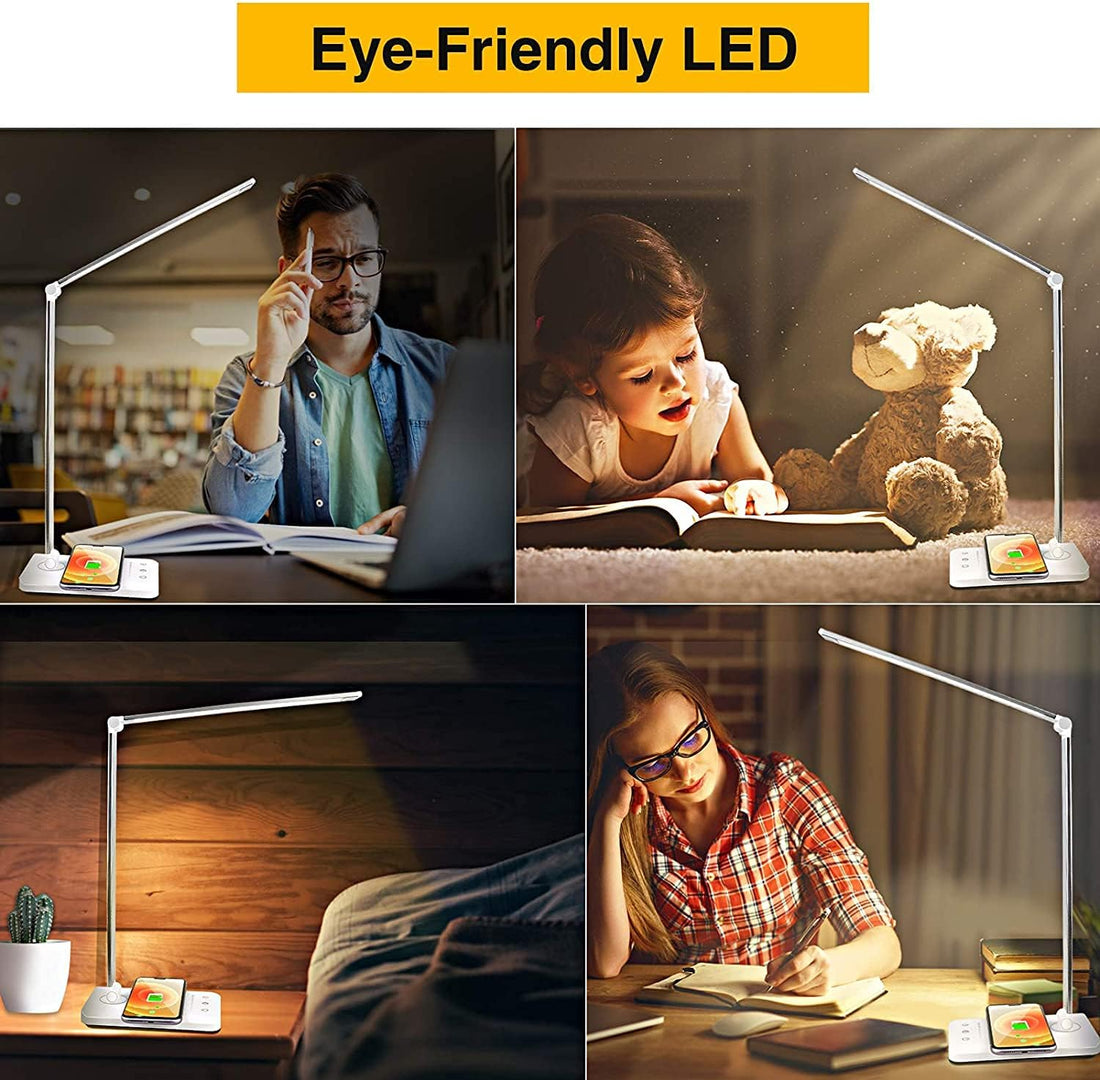 LED Aluminum Desk Lamp with QI Wireless Charging - White