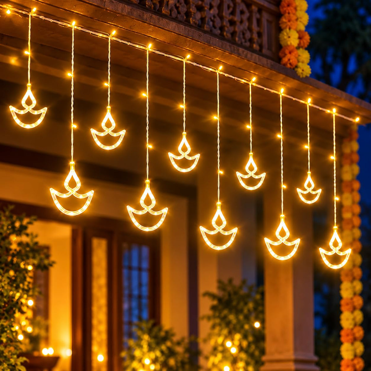 Diya Shape LED Curtain String Lights – 2.6 Meter (Warm White)