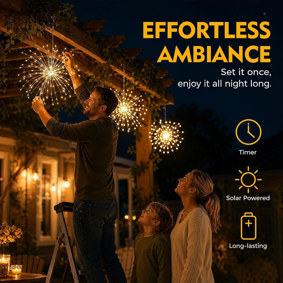 Solar Powered Starburst 4 Tube 360 LED String Light With Remote