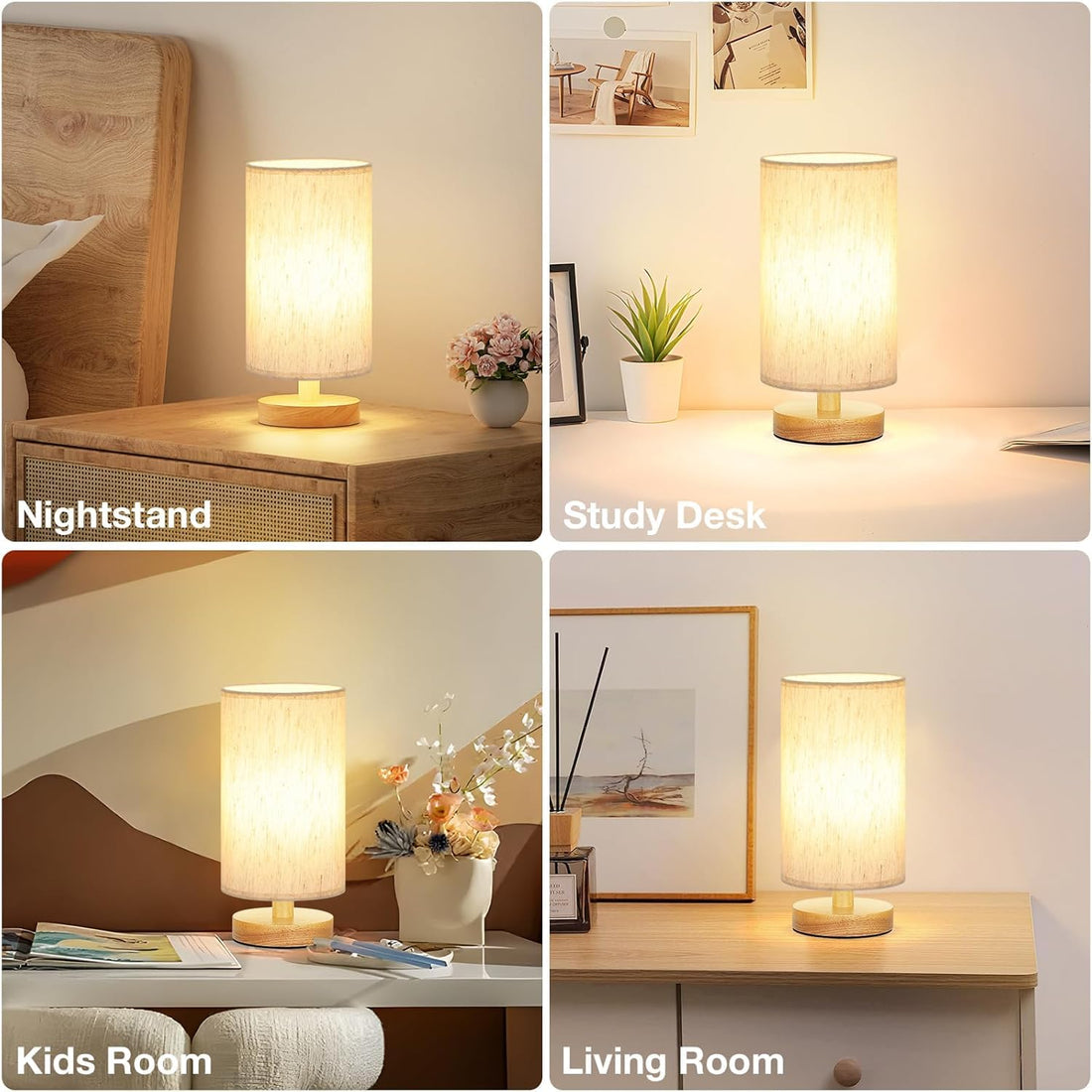 USB Powered Wooden Base Table Lamp with Linen Fabric Shade