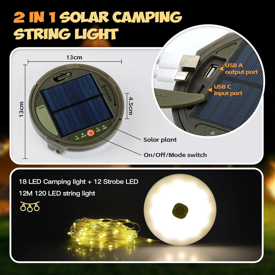Solar & USB Rechargeable Camping (String/Lamp) Light With Remote