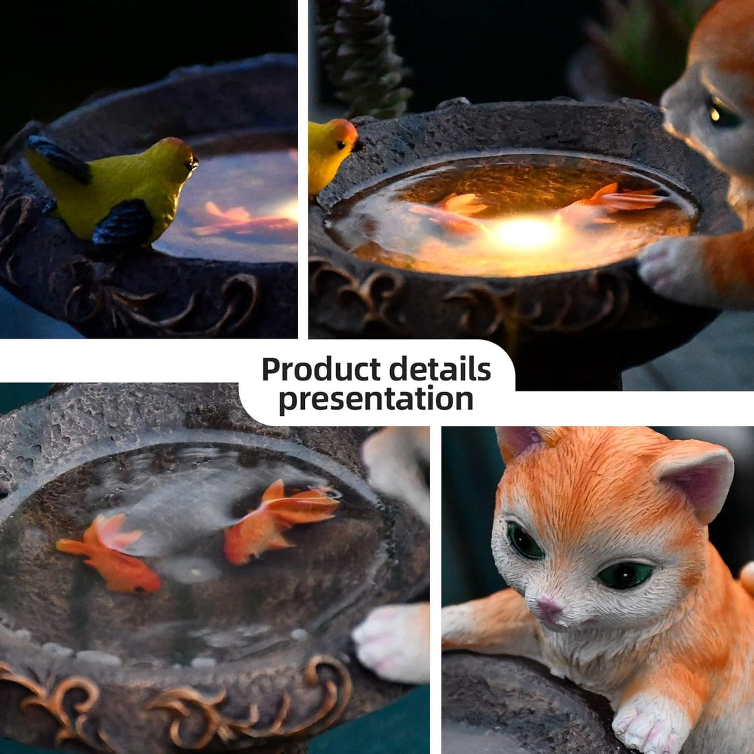 Solar Powered Cute Cat & Bird Garden Statue