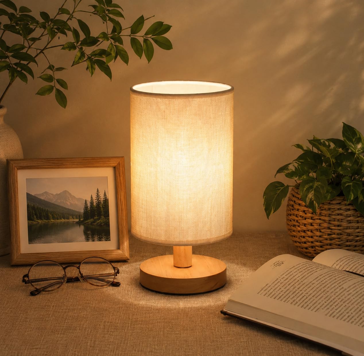 USB Powered Wooden Base Table Lamp with Linen Fabric Shade