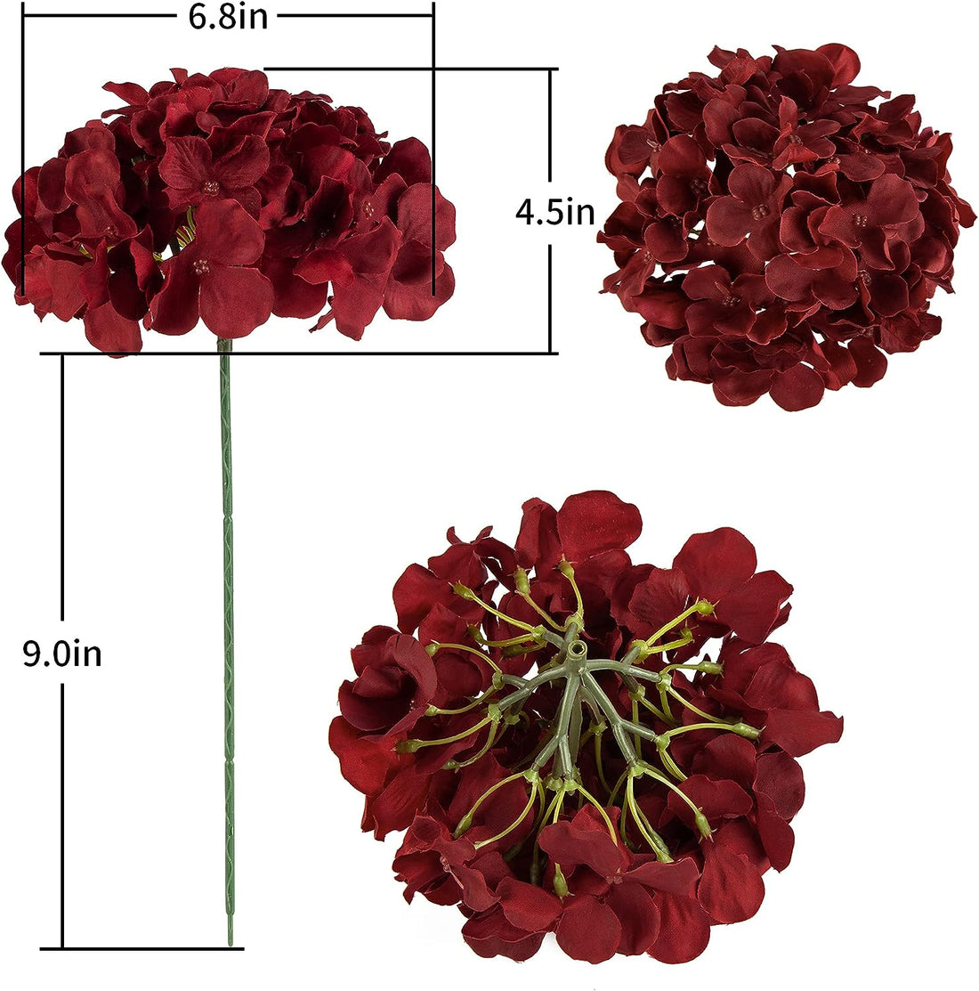 Artificial Real Touch Faux Hydrangea Flower - Red (13 inch, Pack of 3, Flower Bunch)