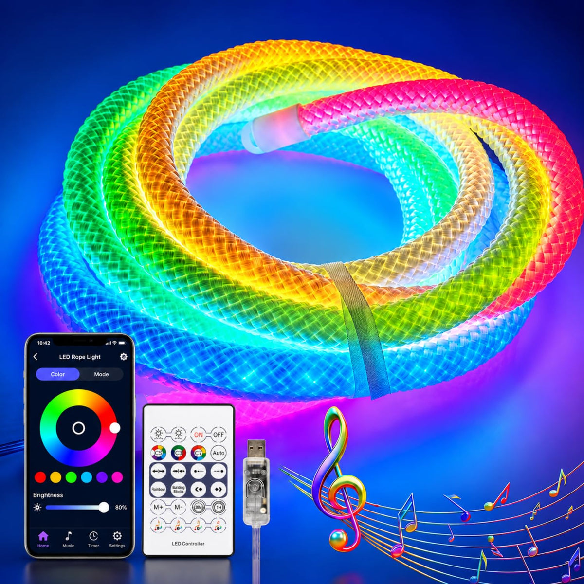 360° RGBIC LED Neon Braided Rope Light- 3m