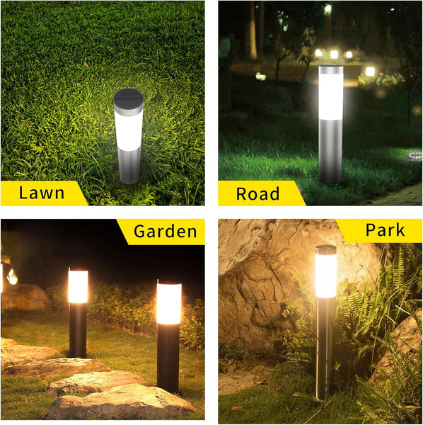 XERGY Garden Solar Path Bollard Lights, Set of 2-15” Stainless Steel Outdoor Stake Lighting for Garden, Landscape, Yard, Driveway, Walkway (Black)