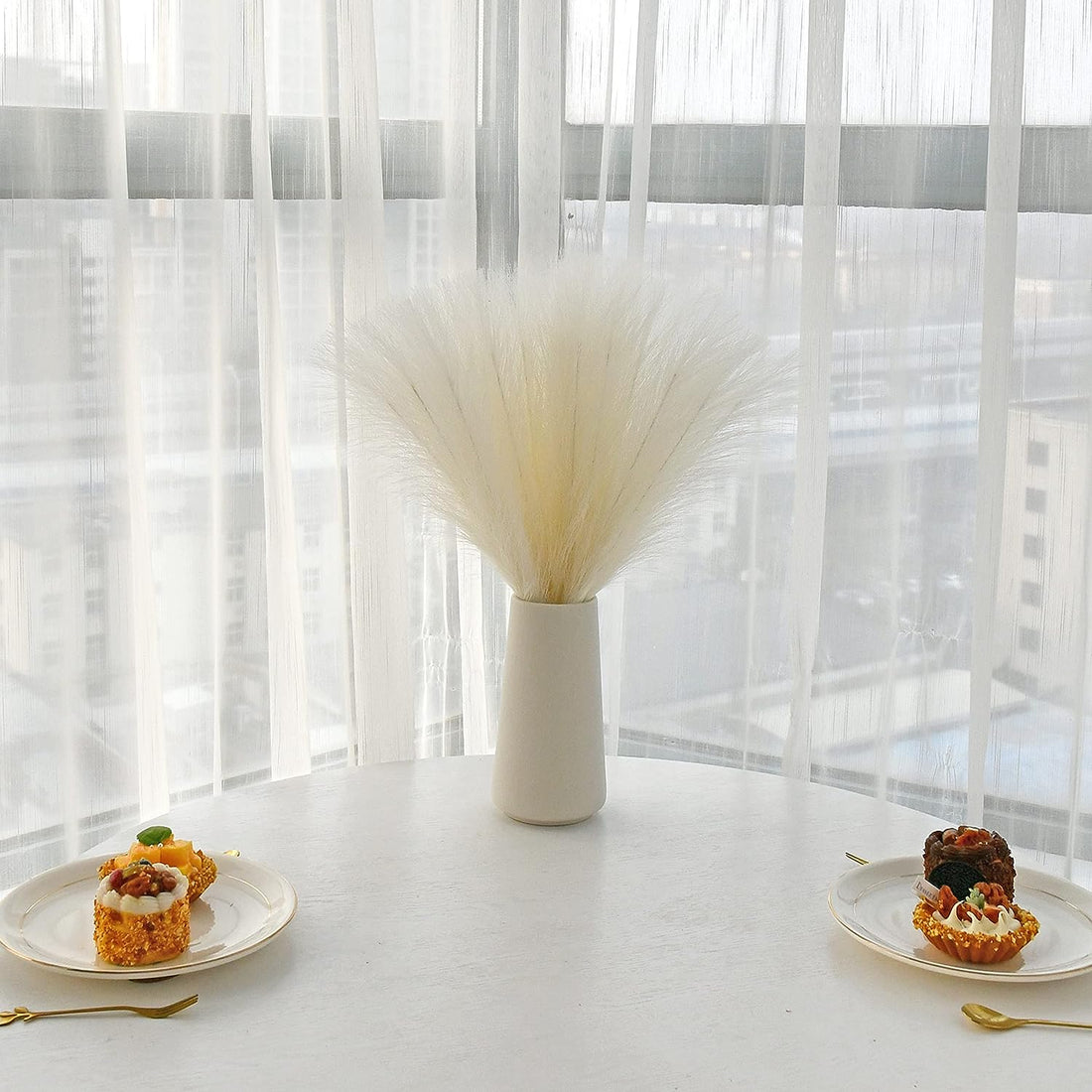 Fluffy Artificial Pampas Grass Flower - Creme White (17 inch , Pack of 3, Flower Bunch)