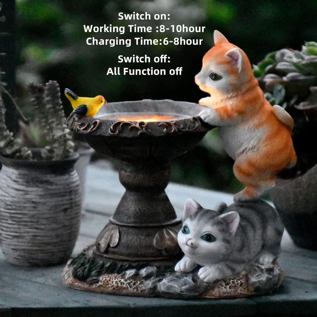 Solar Powered Cute Cat & Bird Garden Statue