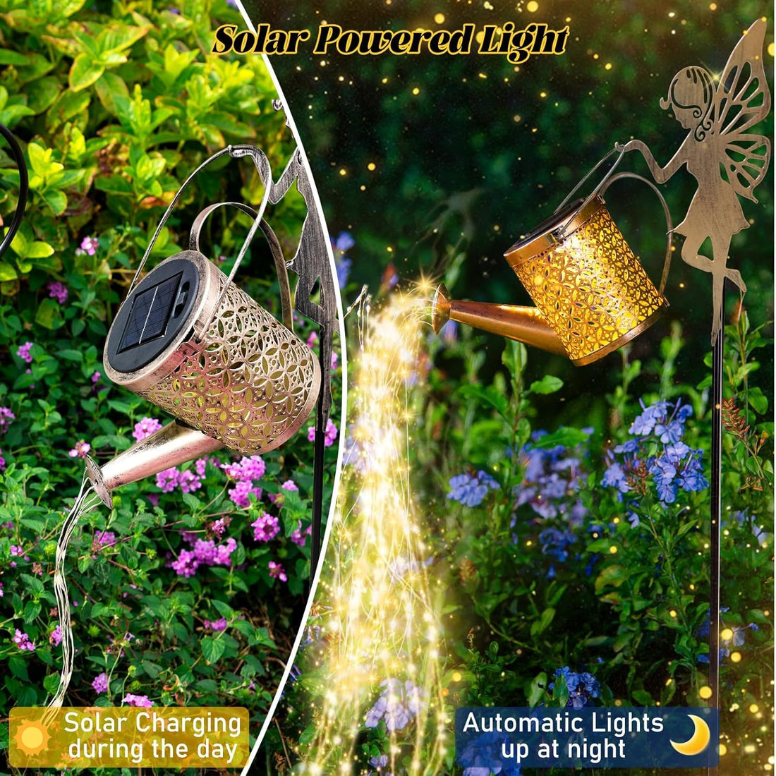 Solar Metal Fairy Watering Can Garden Light With Angel Stand