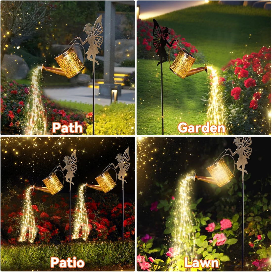 Solar Metal Fairy Watering Can Garden Light With Angel Stand