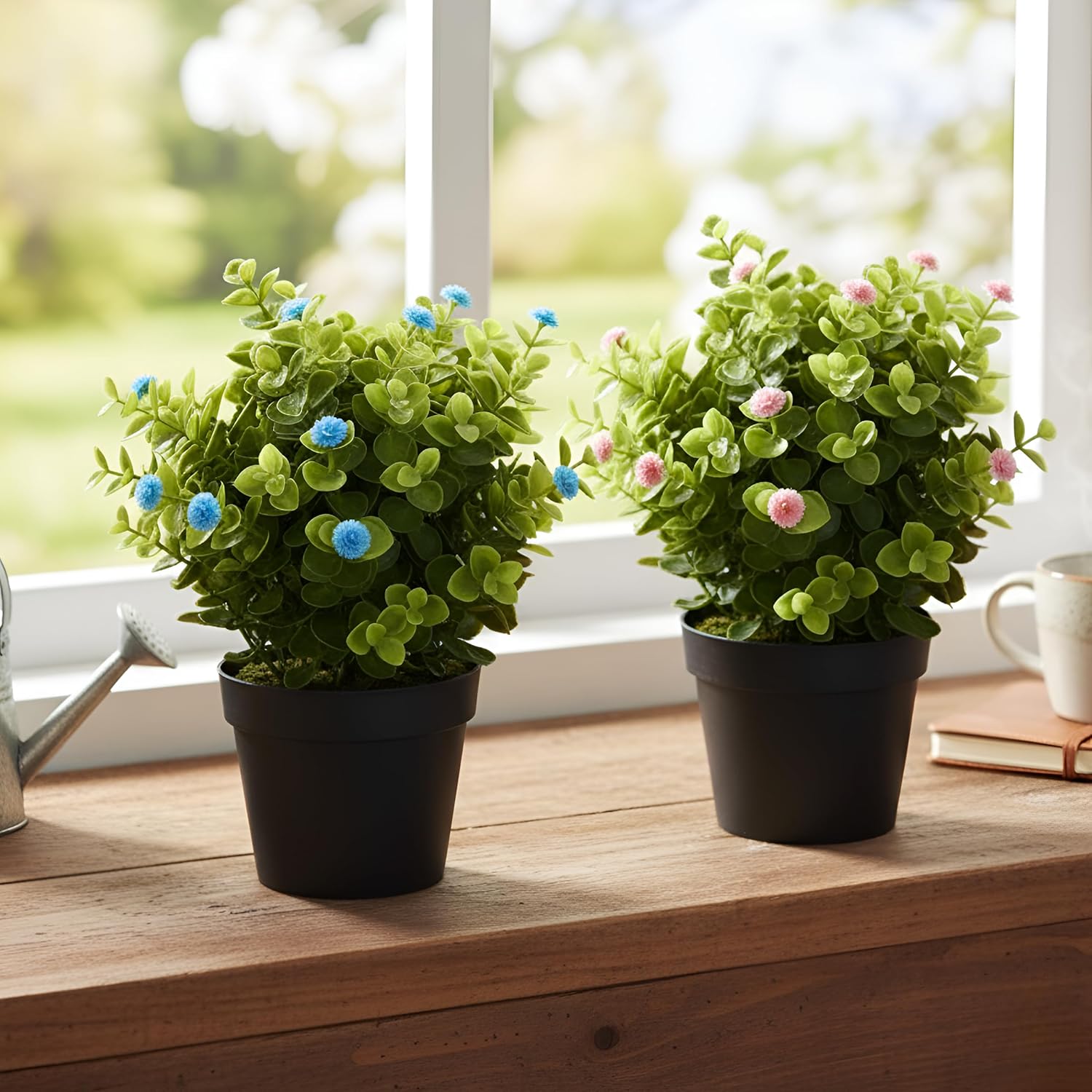 Artificial Eucalyptus Potted Plants With Flowers– Set of 2