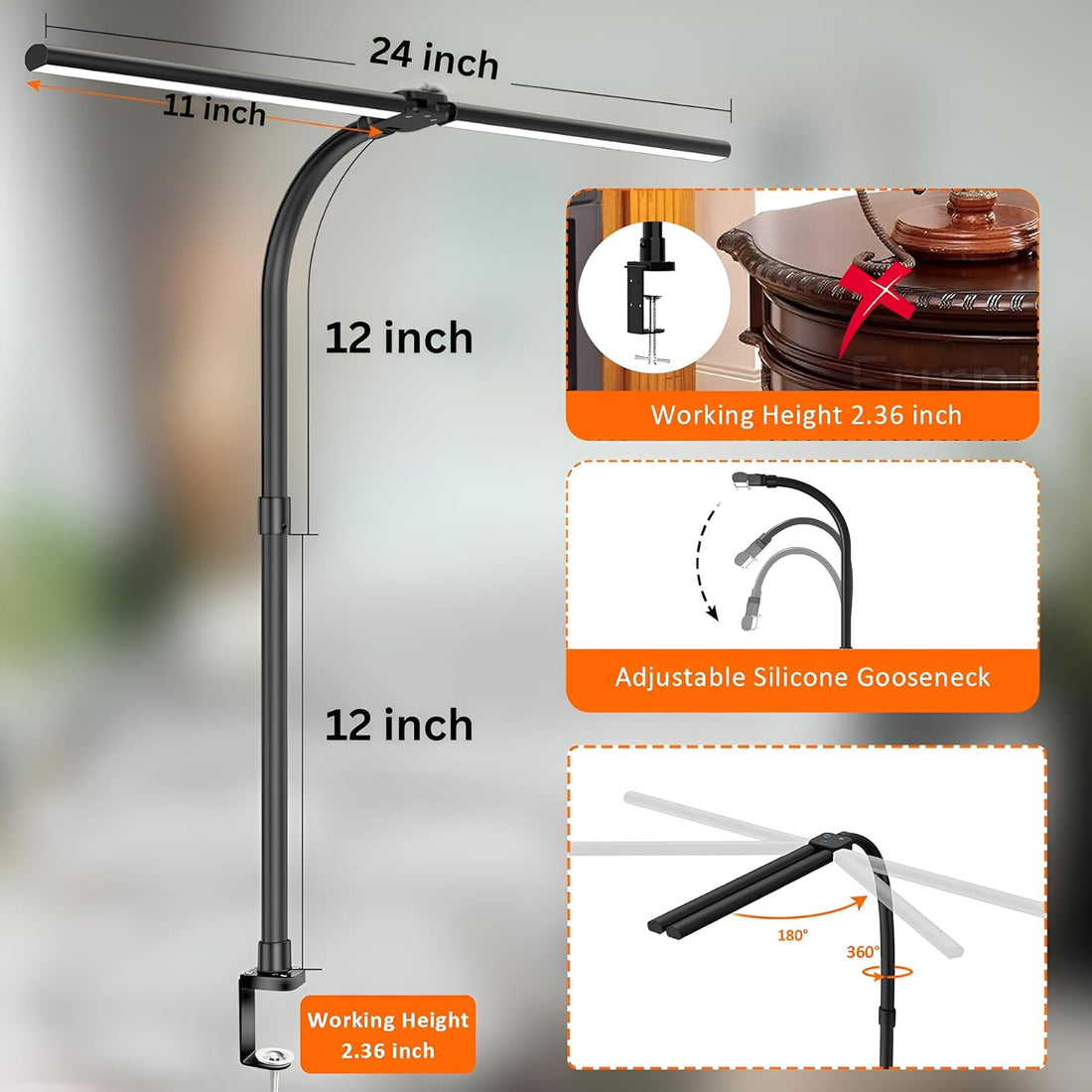 Double Head LED Desk Clamp Lamp Light- With Adjustable Arms