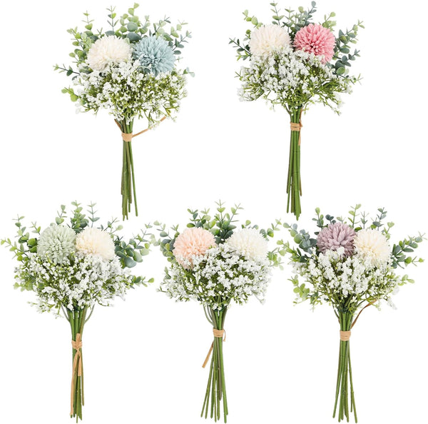 HomeXO Artificial Fake Silk Flower Baby Breath Chrysanthemum Arrangement Faux Wedding Bouquets for Home Office Decoration, Table Centerpiece-(Green&White)