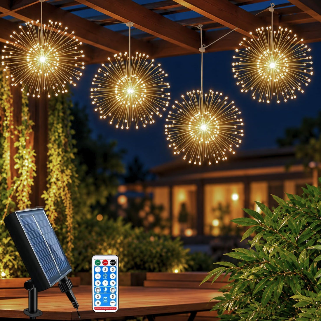 Solar Powered Starburst 4 Tube 360 LED String Light With Remote