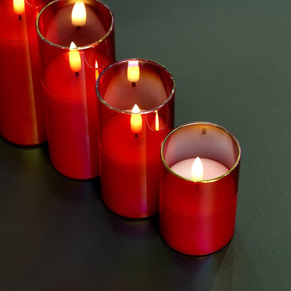 Xergy Red Glass Flameless Candles Battery Operated with Timer, Remote Control, LED Pillar Candles Battery Powered, Wax, D3 H4 5" 6", (Set of 3 , RED)