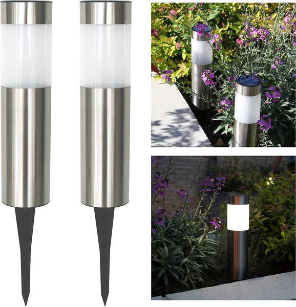 XERGY Garden Solar Path Bollard Lights, Set of 2-15” Stainless Steel Outdoor Stake Lighting for Garden, Landscape, Yard, Driveway, Walkway (Silver)