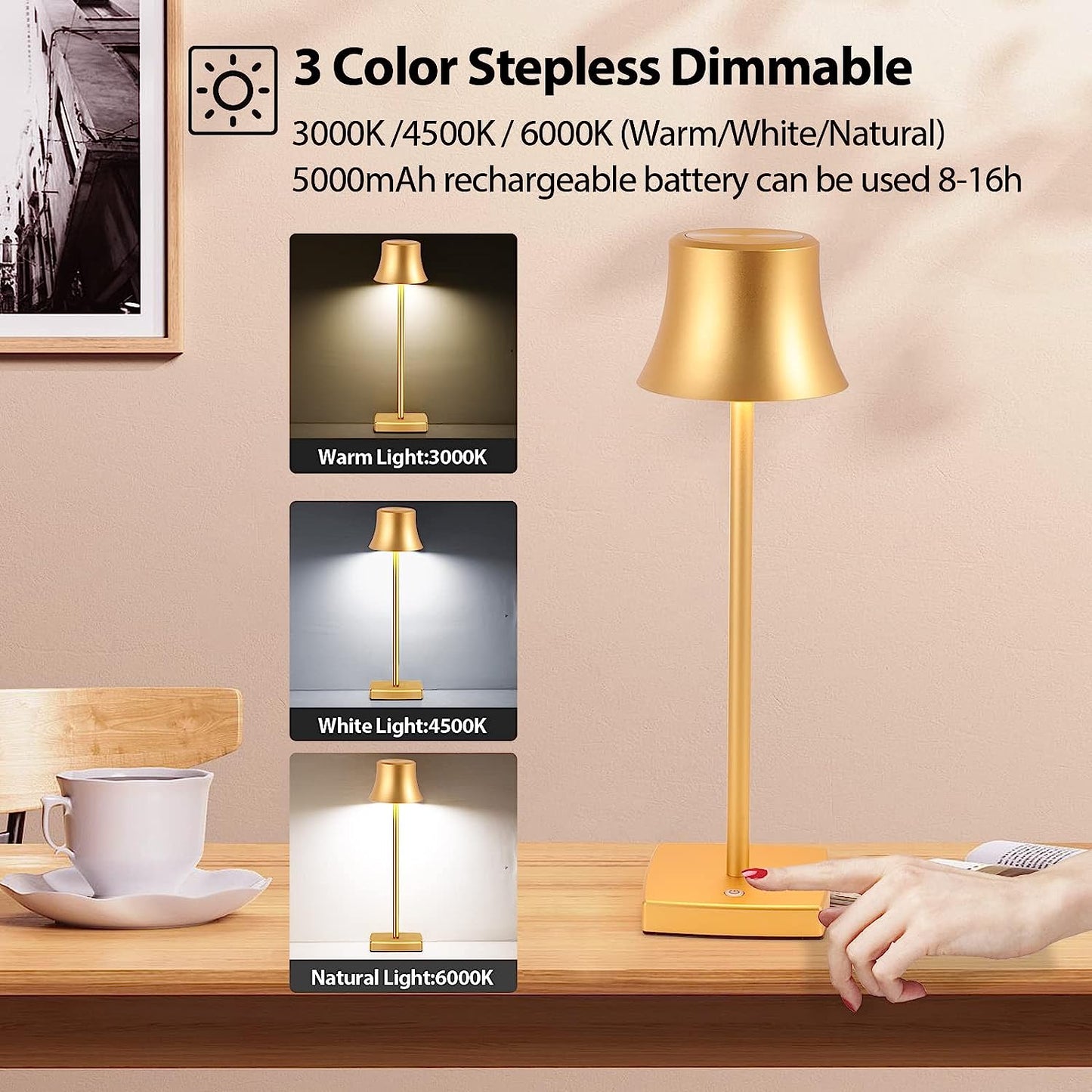 Xergy Portable Metal Desk Lamp,3 Color, Touch Control with Usb Rechargeable light,3-Levels Brightness Room Decor Desk Lamp,Bedside Lamp,Night Light, Dining Room Lamp (Gold)