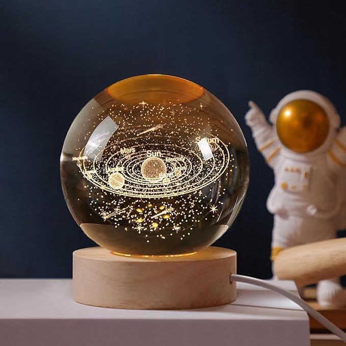 3D Galaxy Crystal Ball Night Light With Wooden Base ( Solar System )