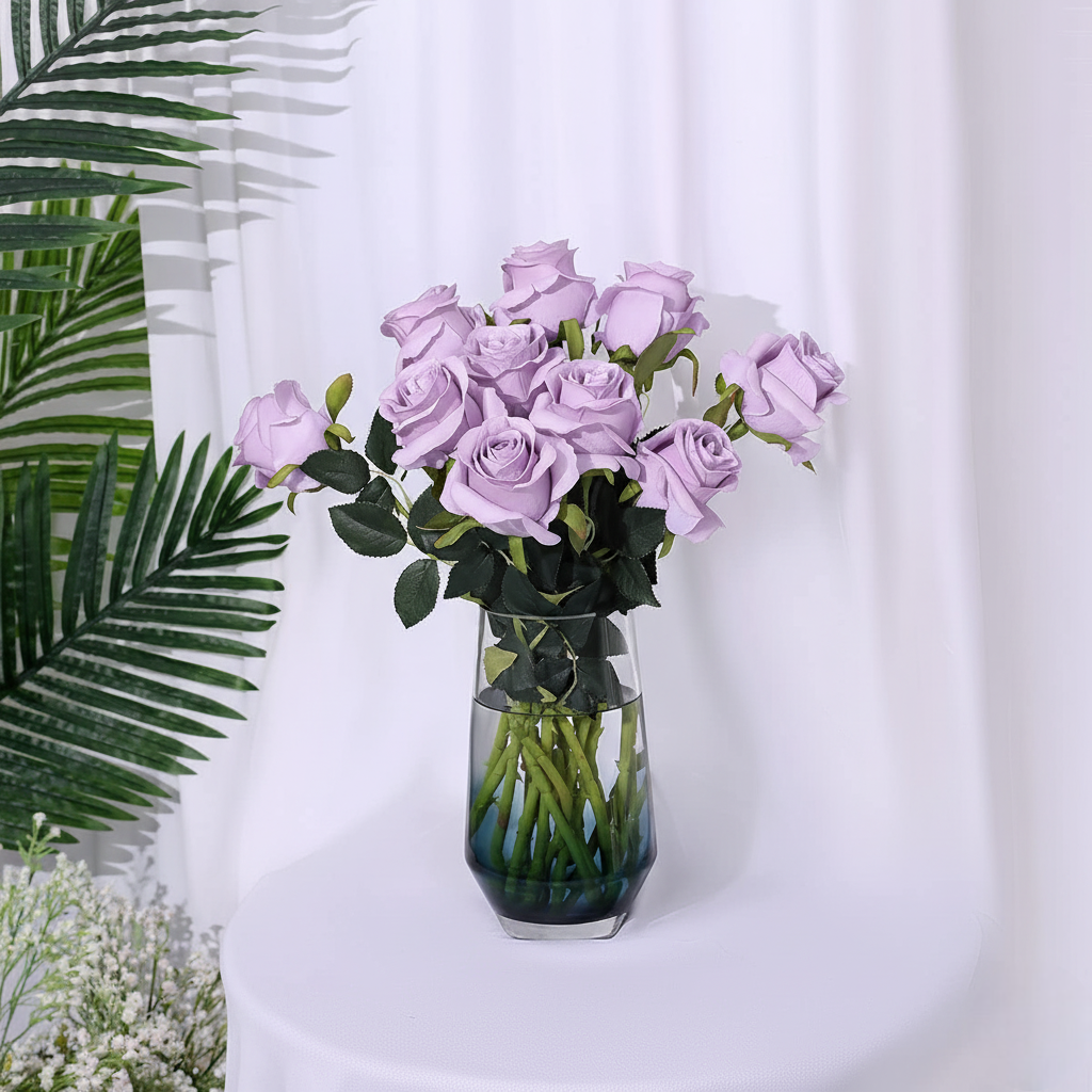 Artificial Faux Silk Rose Flower - Purple & Pink (10 inch, Pack of 12 Flower Bunch)