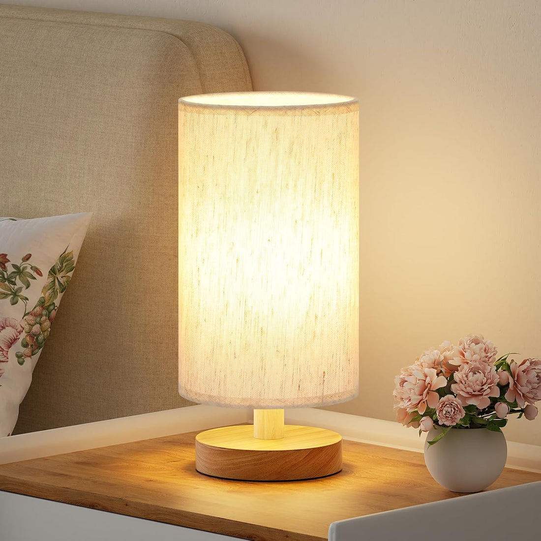 USB Powered Wooden Base Table Lamp with Linen Fabric Shade
