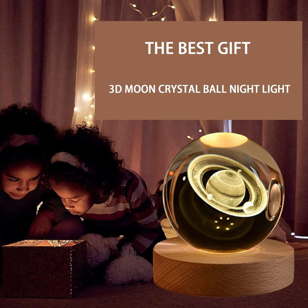 XERGY 3D Saturn Crystal Ball Night Light, LED Solar System Crystal Ball Night Light with Wooden Base