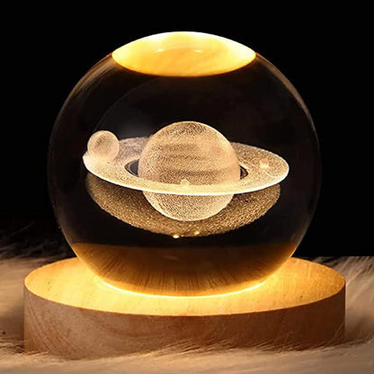 XERGY 3D Saturn Crystal Ball Night Light, LED Solar System Crystal Ball Night Light with Wooden Base