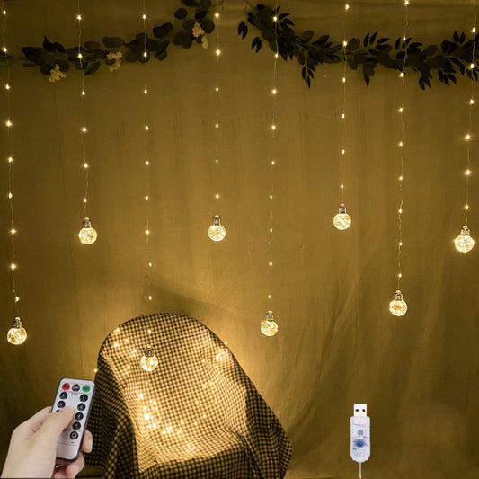 XERGY Wishing Ball Curtain Lights 200 LED Window Curtain String Lights with Remote, USB Battery Powered Twinkle Globe Fairy Lights for Wedding Party Bedroom Christmas Decoration