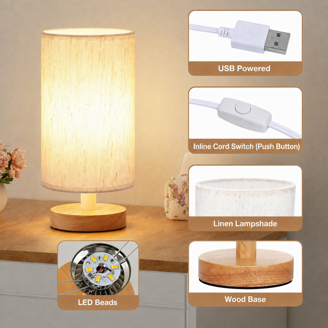 USB Powered Wooden Base Table Lamp with Linen Fabric Shade