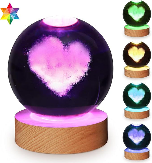 XERGY 3D Galaxy Crystal Ball Night Light, LED Solar System Crystal Ball Night Light with Wooden Base (Heart)