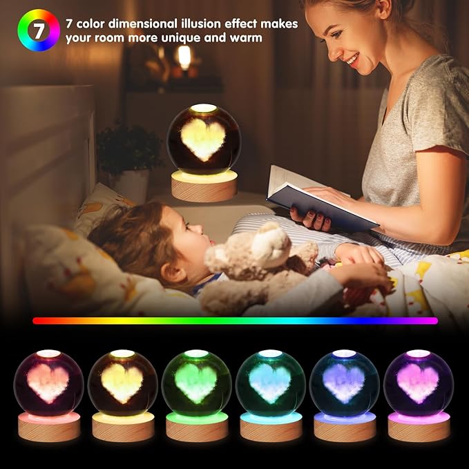 3D Heart Crystal Ball Night Light With Wooden Base