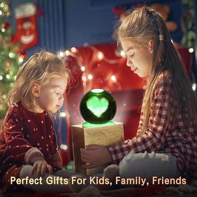 3D Heart Crystal Ball Night Light With Wooden Base