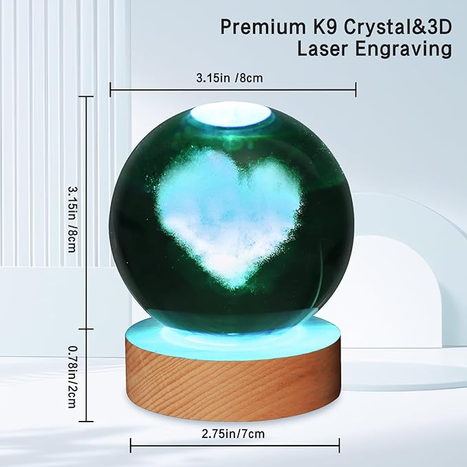 3D Heart Crystal Ball Night Light With Wooden Base