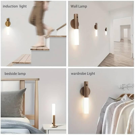 XERGY Magnetic Wall Light with Motion Sensor and USB Rechargeable. Wall Mounted Wood Torch Light Warm White for Indoor Use. Good for Bedside Lamp, Living Room, Hallway, Staircase (Ash)